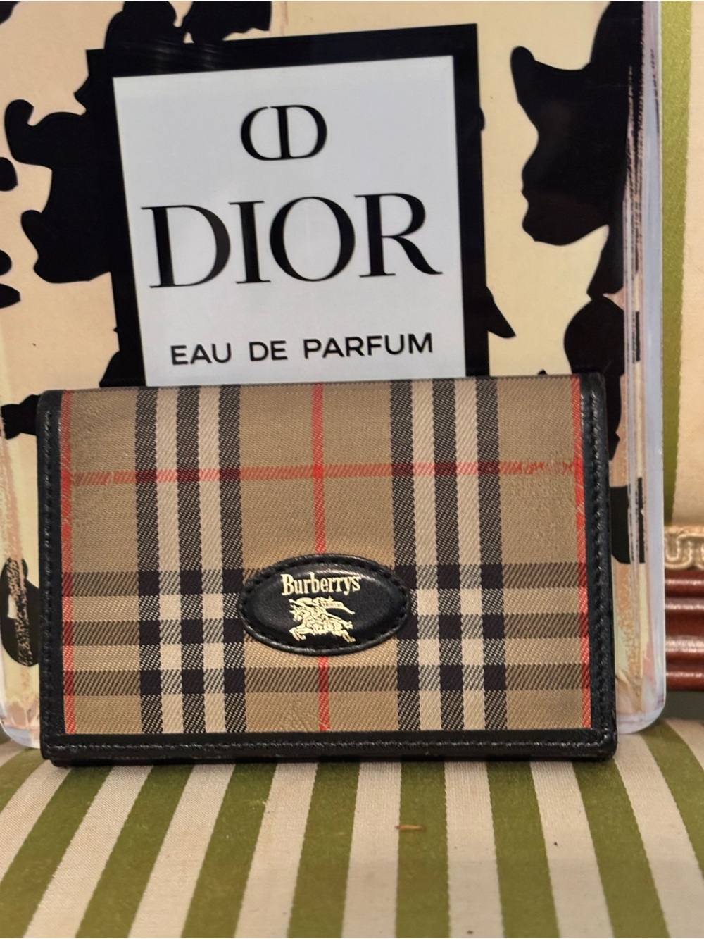 Burberry Plaid Card Holder in Beige Black and Red Trim